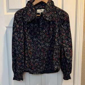 THE GREAT. Dark Floral Blouse with Ruffled Collar